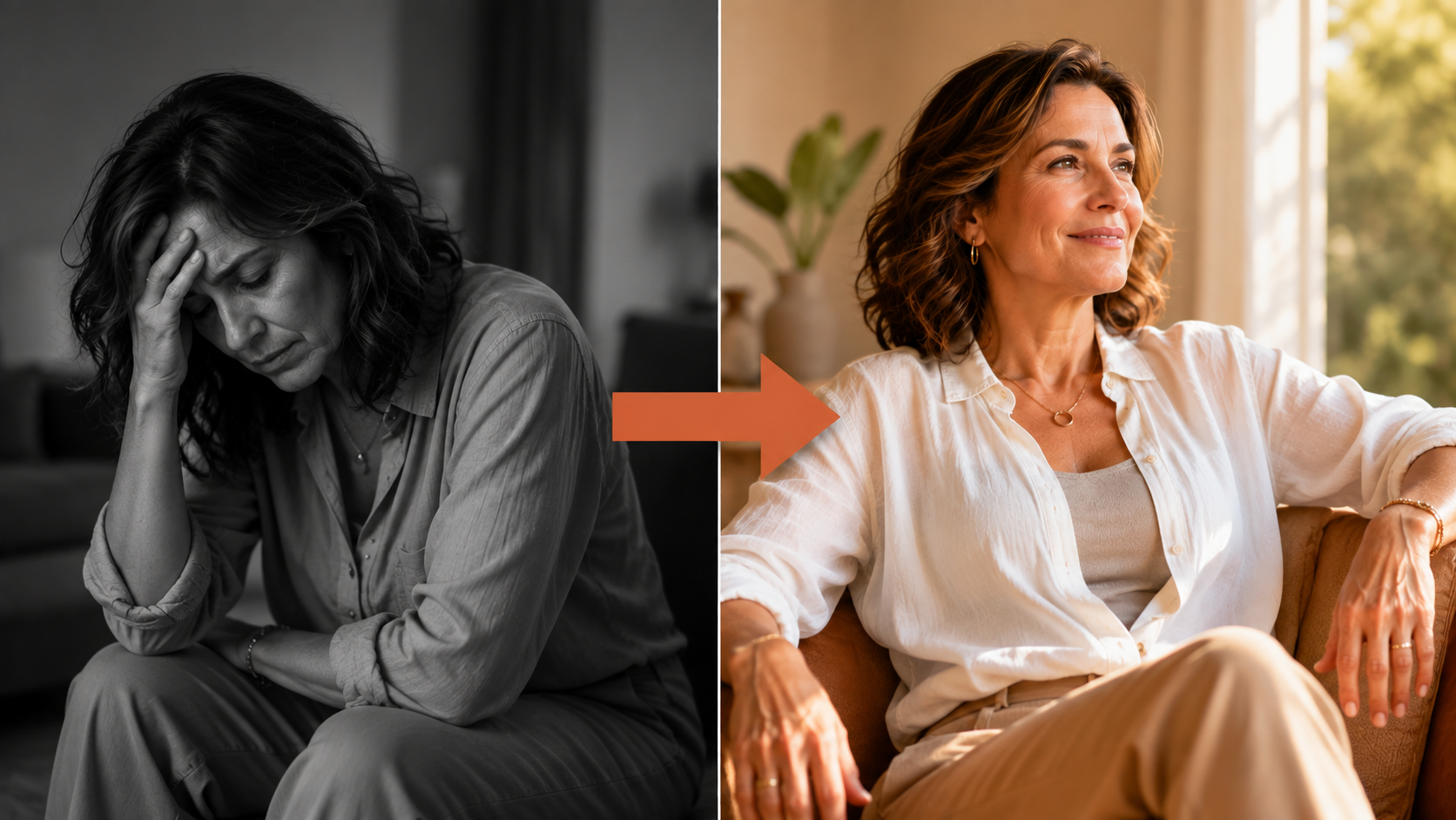 Composição antes e depois: Mulher esgotada à esquerda e Mulher serena e confiante à direita