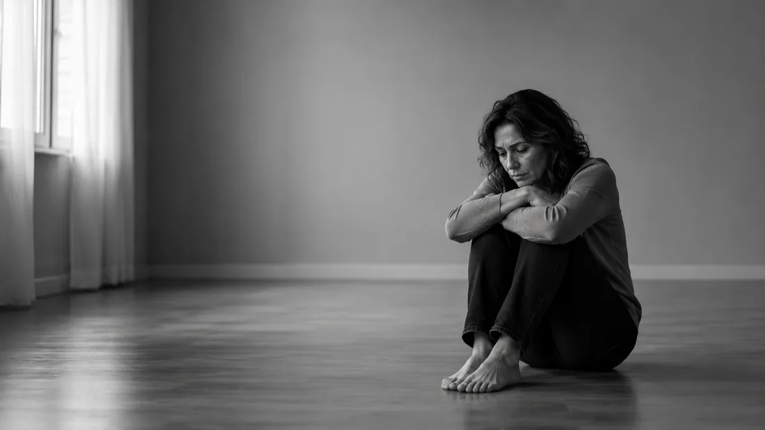 Mulher sentada sozinha no chão de uma sala vazia