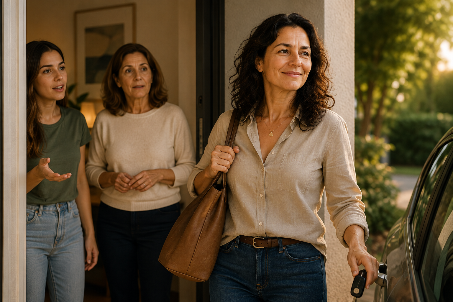 Mulher saindo de casa tranquila enquanto familiares observam