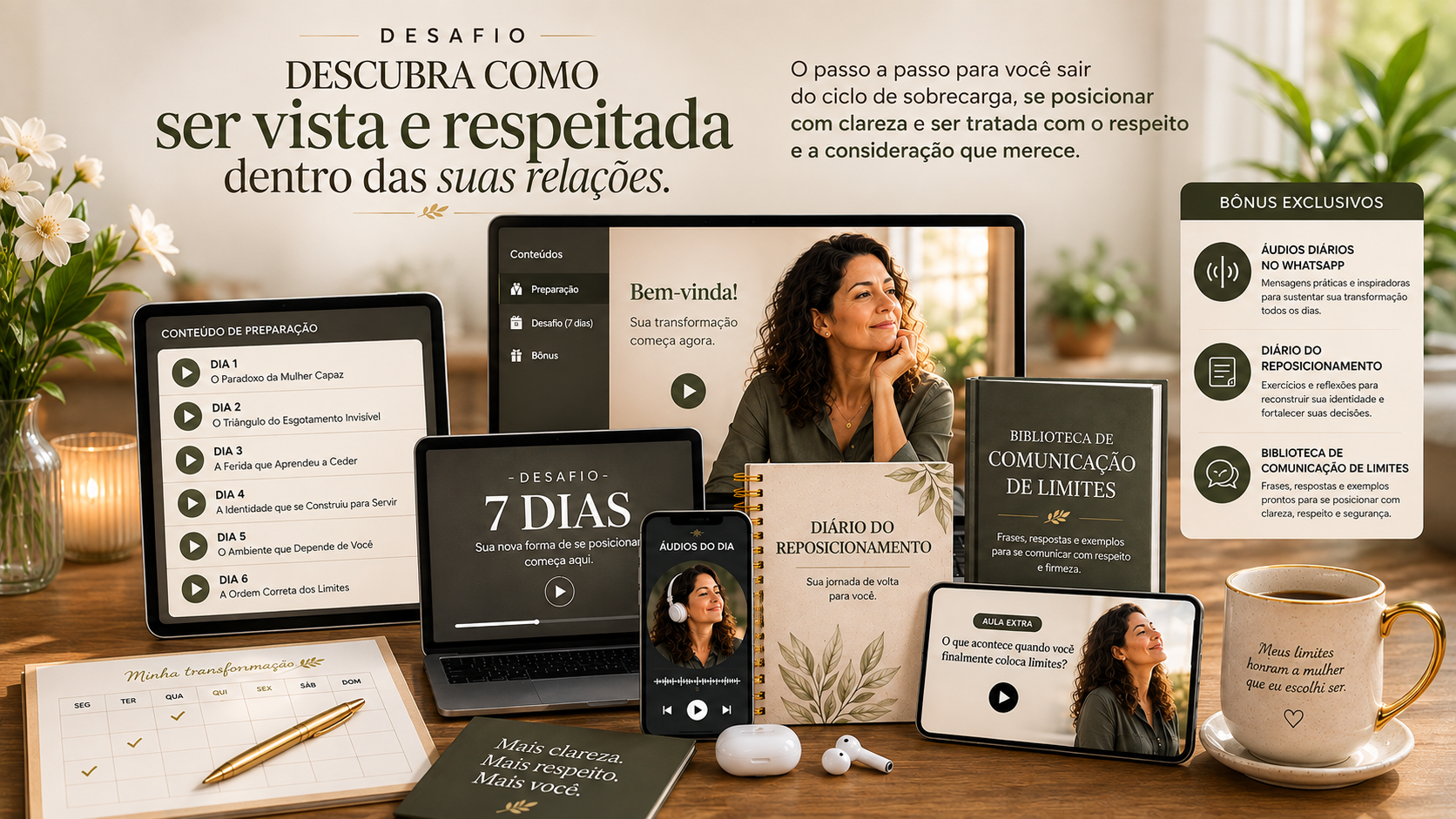 Mockup completo do Desafio Como Ser Vista e Respeitada Dentro das Suas Relações: áudios, diário, biblioteca de limites e aula extra